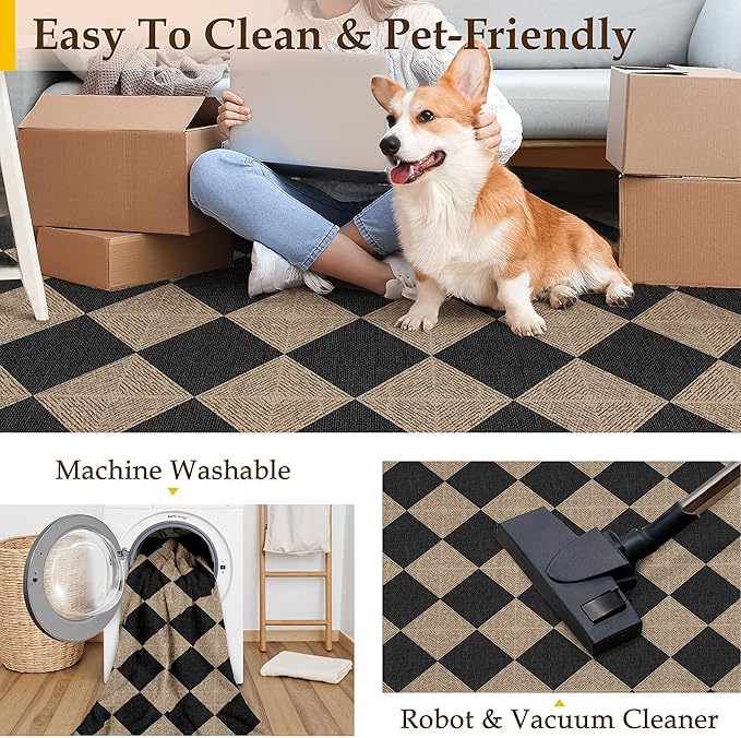 2x3 Checkered Easy Jute Kitchen Front Doormat Non Slip Washable Neutral Area Rug Textured Diamond Non Shedding Low Pile Black Checkerboard Floor Carpet for Farmhouse Entryway Porch Doorway