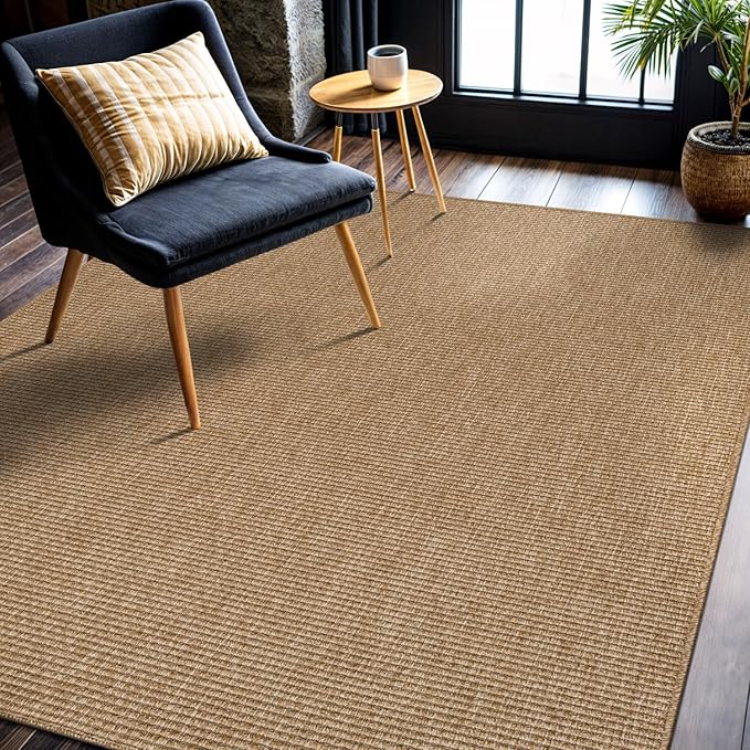 CAMILSON Easy Jute Rug 5x7, Indoor Outdoor Natural Color Farmhouse Area Rugs for Living Room Patio and Kitchen Rug, Solid Boho Woven Design, Easy-Cleaning, Washable Outside Carpet Alfombras (5 x 7)
