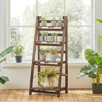 Yaheetech Wooden Foldable Ladder Shelf 4-Tier Magazine Holder Book Rack Plant Stand Folding Flower Display Pot Decorative Storage Free Standing Indoors/Outdoors Rustic No Assembly Required Brown