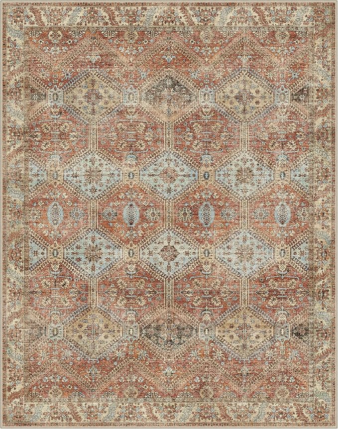 GENIMO 8x10 Area Rugs for Living Room, Machine Washable Non Slip Rugs, Low Pile Lightweight Print Rug for Bedroom, Dining Room, Home Office, Vintage Brick Red