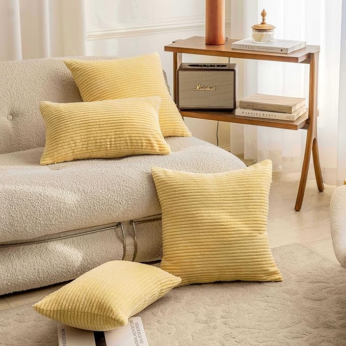 Home Brilliant Set of 2 Spring 24x24 Pillow Covers Decorations Yellow Striped Velvet Corduroy Euro Throw Pillow Sham for 26 inch Pillow Insert for Sofa Decor, 24 x 24 inch, Light Yellow