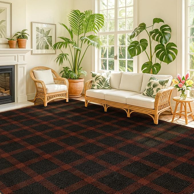 Easy Jute 8x10 Buffalo Plaid Living Room Rug - Retro Black and Red Rug for Dining Room Under Table, Non Slip Washable Carpet for Bedroom Under Bed and Fireplace, Washable Woven Fall & Holiday Decor