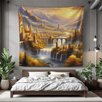 Elven Style Fantasy Tapestry for Bedroom – Golden Misty Mountain Waterfall Landscape Backdrop for Epic Adventure Fans Party, Mythical Birthday Decoration, Classroom Reading Corner Background (60x50)