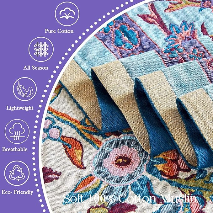 Boho Blanket Soft Muslin Boho Throw Blanket 100% Cotton Blanket All Seasons Reversible Rustic Floral Printed Vintage Rustic Farmhouse Decor Throw for Sofa Couch Chair (White, 60"x80")