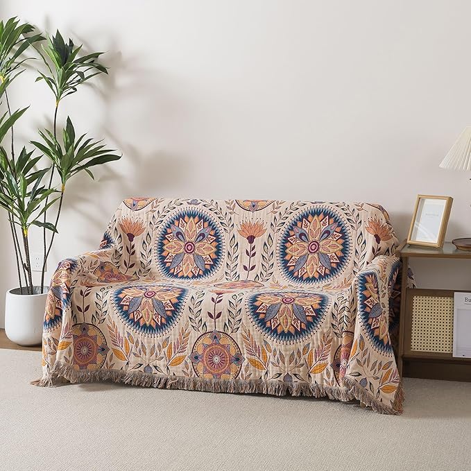 Boho Throw Blanket Full Size, Soft Cozy Cotton Muslin Quilt Blanket for Bed Decor, Floral Patterned Couch Sofa Chair Cover, Vintage Farmhouse Cottage Tapestry Woven Blanket, Beige&Blue