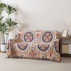 Boho Throw Blanket Full Size, Soft Cozy Cotton Muslin Quilt Blanket for Bed Decor, Floral Patterned Couch Sofa Chair Cover, Vintage Farmhouse Cottage Tapestry Woven Blanket, Beige&Blue