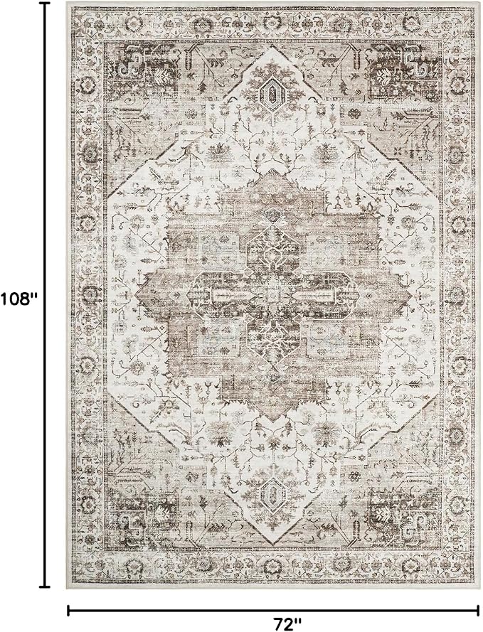 6x9 Rug, Stain Resistant Washable Area Rugs with Anti-Slip Backing, Vintage Rug, Large Bedroom, Living Room Rugs, Foldable Soft Rug (White/Brown, 6'x9')