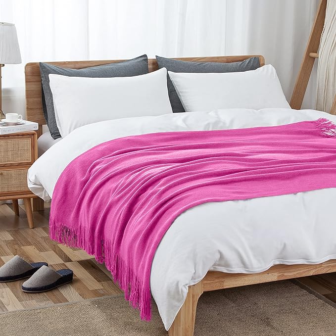 Vonty Hot Pink Knitted Blanket with Tassels Fringe 60" x 80", Super Soft Knit Throw Blanket, Farmhouse Decorative Lightweight Blanket for Couch, Sofa, Bed