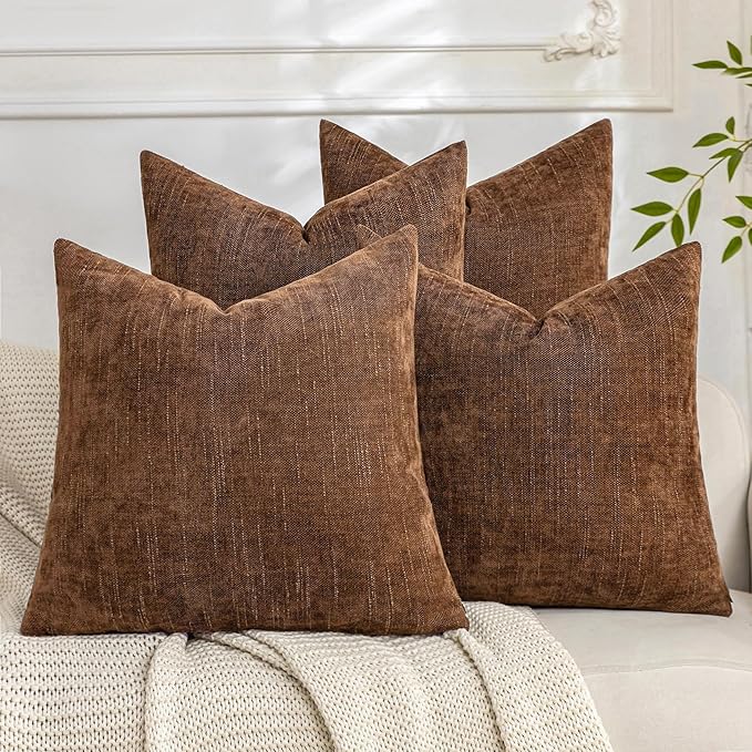 Set of 4 Soft Textured Decorative Throw Pillow Covers 20x20 Inch Cozy Farmhouse Cushion Cover Square Accent Pillow Cases for Bed Couch Sofa Living Room, Brown