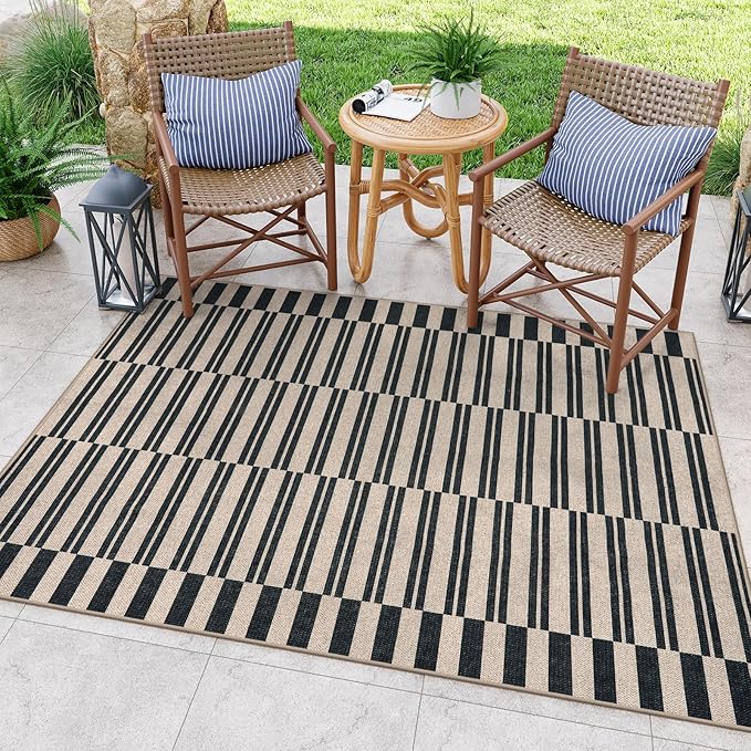 Lahome Elance Striped Easy Jute Rug, 5x7 Outdoor Patio Rug Neutral Dining Room Rug Indoor Outdoor Carpet, Farmhouse Washable Non Slip Black Carpet for Backyard Living Room Office Deck