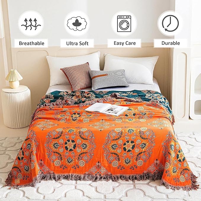 Boho Throw Blanket for Bed 100% Cotton Soft Lightweight Quilt Floral Embroidery Home Decor Spring Breathable Orange Bed Blankets,90"x98" All Season Reversible Blankets for Sofa Couch Chair