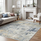 6x9 Abstract Area Rugs for Living Room 6 x 9 Washable Non Slip Low Pile Gray Rugs for Bedroom Dining Room Foldable Thin Blue Yellow