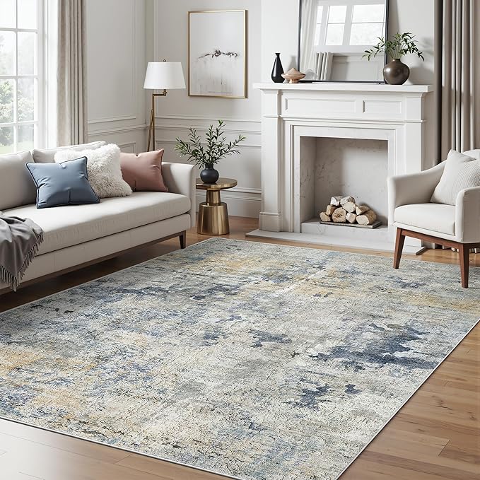6x9 Abstract Area Rugs for Living Room 6 x 9 Washable Non Slip Low Pile Gray Rugs for Bedroom Dining Room Foldable Thin Blue Yellow