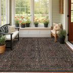 Dark Brown Washable 5x7 Area Rugs for Living Room, Non-Slip Soft Rugs for Bedroom, Dining Room, Home Office, Deep Olive Accent Floral Vintage Cottage Indoor Carpet Décor, Low Pile Stain Resistant