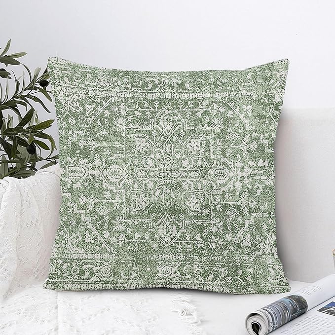 Sage Green Boho Throw Pillow Covers 18x18 Inch Decorative Square Bohemian Carpet Pattern Ethnic Pillow Cases Vintage Geographic Rug Cushion Covers Farmhouse Home Decor For Sofa Couch Outdoor Set of 2