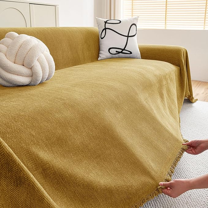 hyha Couch Cover for Dogs, Boho Sofa Covers for 3 Cushion Couch Washable, Chenille Sofa Slipcover for Pets, Soft Loveseat Sectional Couch Throw Blankets with Tassels (Yellow, 71x102 Inch)