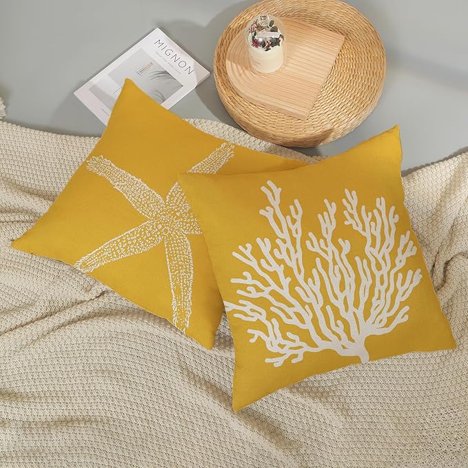 Coastal Pillow Covers 16x16 Set of 2 Yellow Coral Starfish Throw Pillows Nautical Ocean Decorations Summer Linen Beach Pillowcase Outdoor Decor Yellow Farmhouse Cushion Case for Home Bedroom