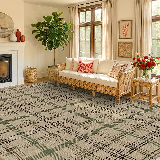 Washable Easy Jute Living Room Rug - Aesthetic Bedroom Rug Under Bed, Outdoor Rug 9x12 for Patio, Large Farmhouse Indoor Outdoor Carpet, Contemporary Non Slip Sage Plaid Decor for Dining Room