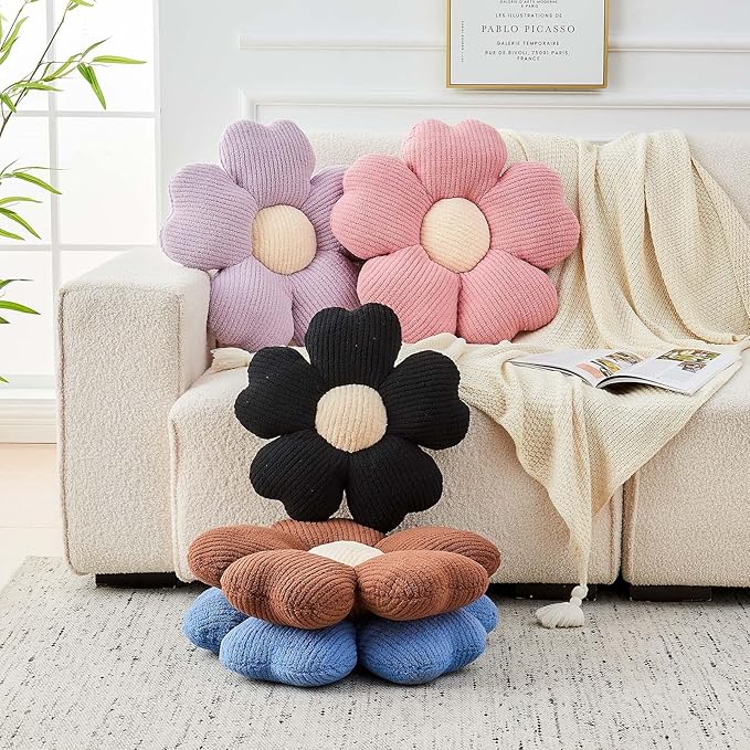 Flower Throw Pillow, Cute Flower Shaped Pillow Decorative Throw Pillow for Bed Couch, Soft Daisy Pillows Floor Seating Cushion Cushions (19.6 Inch Black)