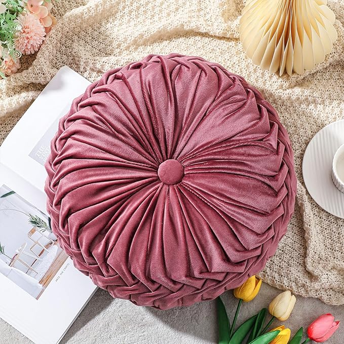 Round Throw Pillows Decorative Pleated Throw Pillows 15'' Diameter Accent Pumpkin Boho Chair Cushion for Couch Sofa Home Decoration(Dusty Rose,1 Pcs)