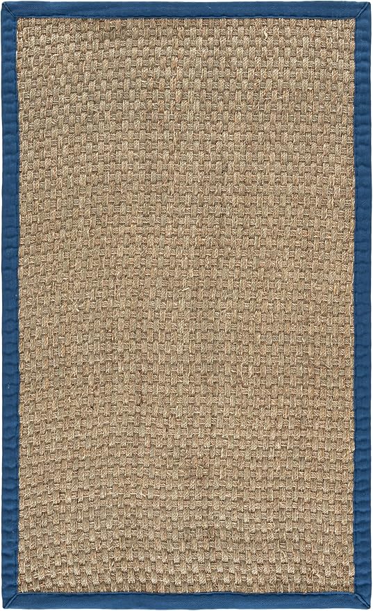SAFAVIEH Area Rug 3x5 - Natural Fiber Collection - Natural & Navy, Seagrass, Basketweave Pattern with Border (NF114T)