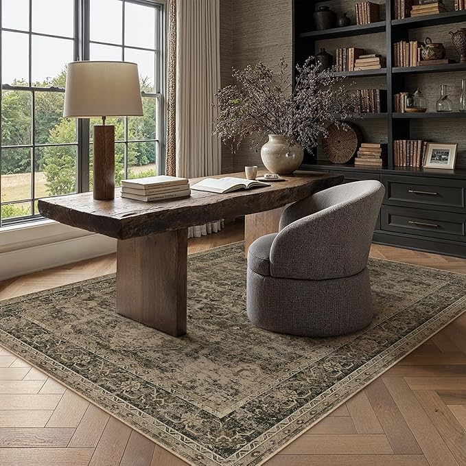 4x6 Washable Area Rug Brown Vintage Distressed Rug for Office Oriental Soft Thin Indoor Retro Carpet Non Slip Low Pile Floor Cover for Living Ding Room Bedroom Laundry