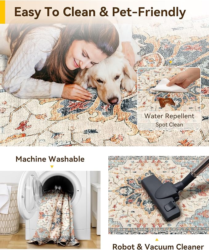 Area Rugs 8'x10' Washable Non-Slip, Floral Vintage Distress Print Pattern Medallion Carpet for Living Room Bedroom Dining Room, Beige Navy Blue Orange Colorful