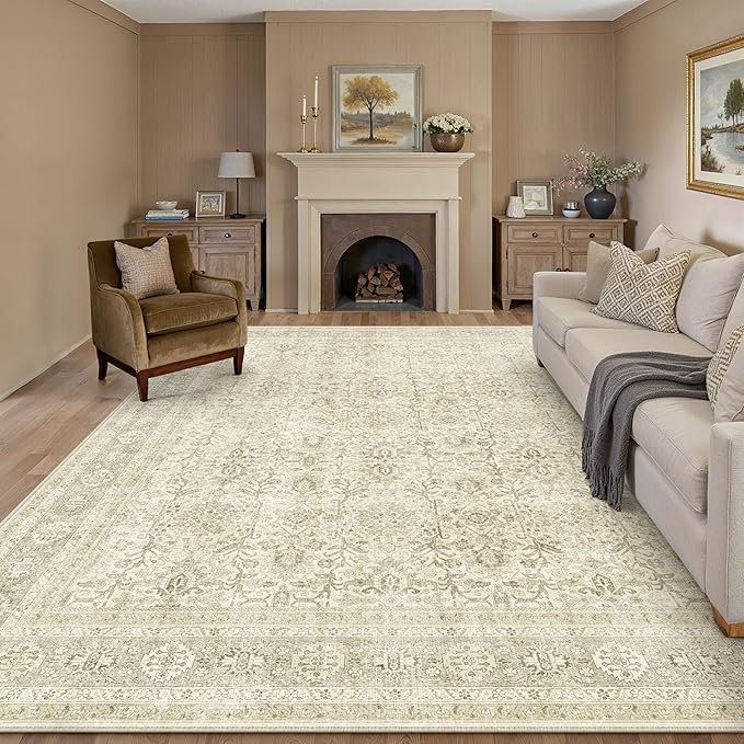 Vintage Area Rug 9x12 Beige Washable Living Room Large Carpet Non Slip Bedroom Indoor Office Low Pile Traditional Distressed Retro Accent Rug for Dining Room