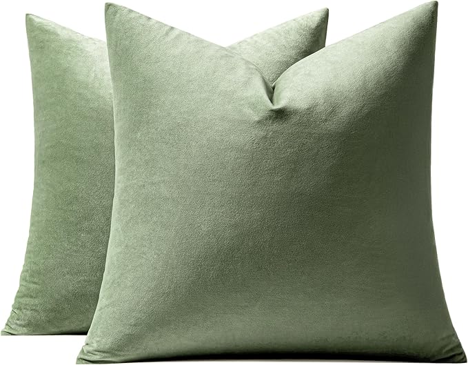 MIULEE 24x24 Inch Euro Sham Velvet Pillow Covers, Set of 2 Large Square Decorative Spring Pillows -Sage Green Super Soft for King Bed, Sofa, Couch, Accent Chairs