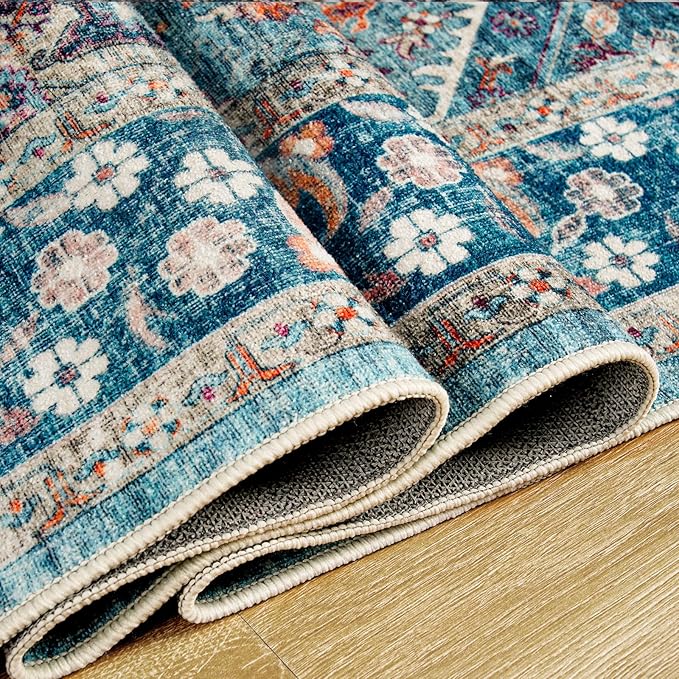 Amearea Vintage Design Blue Area Rugs for Living Room, 4x6 Machine Washable Floral Collection Traditional Bedroom Rug, Low Pile Dinning Room Carpet, No Slip Office Kitchen Home Decor, Light Blue