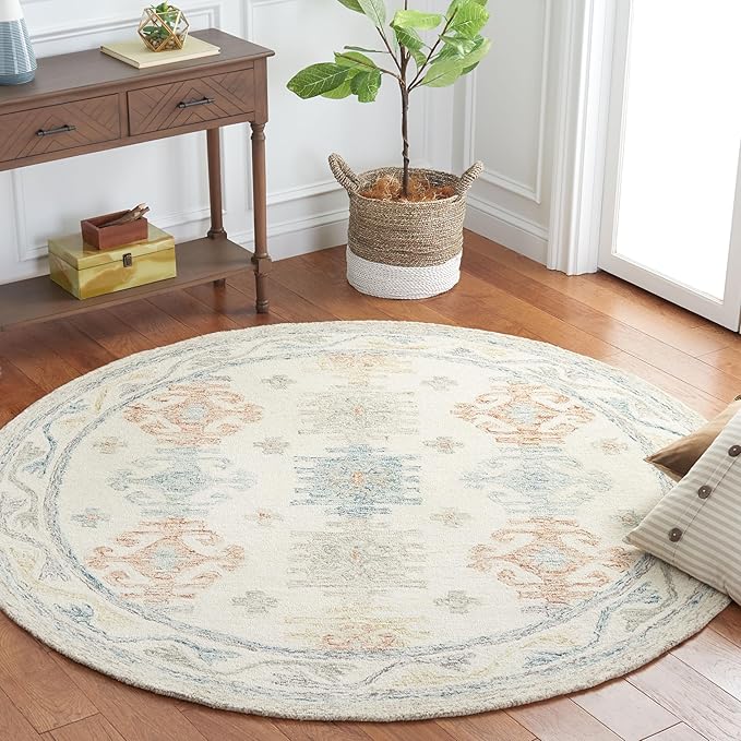 SAFAVIEH Micro-Loop Collection Area Rug - 6' Round, Ivory & Blue, Handmade Boho Rustic Wool, Ideal for High Traffic Areas in Living Room, Bedroom (MLP476M)