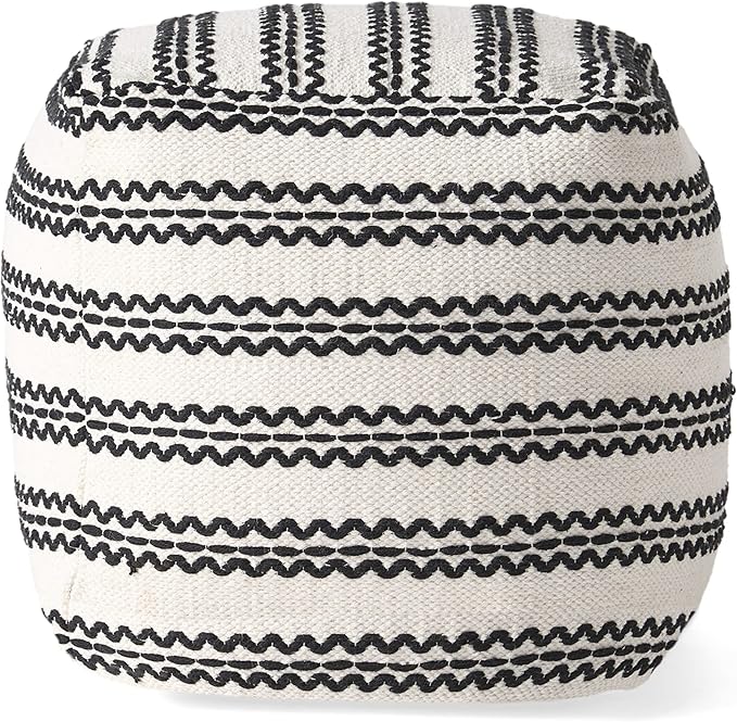 GDFStudio Boho Handmade Fabric Cube Pouf Ottoman Foot Stool - Bean Bag Floor Chair - Foot Rest Couch for Living Room Bedroom,Natural and Black,16" x 16" x 15.75"