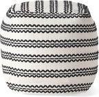 GDFStudio Boho Handmade Fabric Cube Pouf Ottoman Foot Stool - Bean Bag Floor Chair - Foot Rest Couch for Living Room Bedroom,Natural and Black,16" x 16" x 15.75"