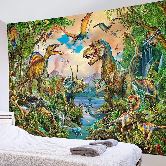 LB Dinosaur Tapestry for Boys Room Funny Cartoon Animal Wall Tapestry for Bedroom Wild Tropical Plants in Forest Tapestries Wall Hanging Poster Kids Birthday Party Background Wall Decor,92x70.5 Inch