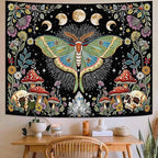 Accnicc Moth Tapestry Boho Mushroom Hippie Skull Wall Tapestry for Bedroom Aesthetic Vintage Floral Plant Moon Phase Small Tapestries Wall Hanging for Dorm Living Room Decor 60 x 44 Inch