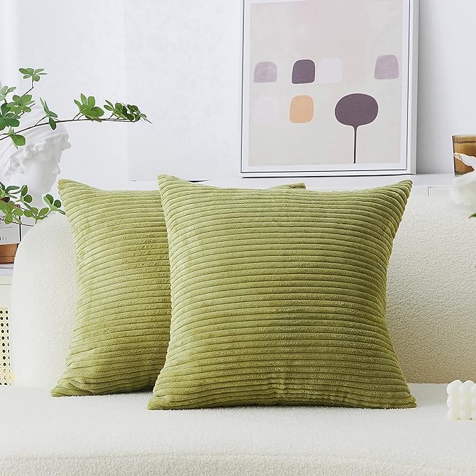 Home Brilliant Throw Pillow Covers 18x18 Set of 2 Soft Velvet Corduroy Striped Square Throw Pillows Cushion Cover for Couch Spring Decor, 18 x 18 inch, Grass Green