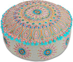 Mandala Life ART Moroccan Large Floor Pillow Cover with Tassels and Ponpon Bedroom Décor Round Pouf Ottoman Boho Chic Seating Area Beanbag Footstool Stool Cotton 24x8 Unstuffed