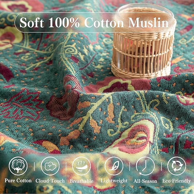 Boho Throw Blanket Queen Size, Oversized Soft Cozy Cotton Muslin Quilt Blanket for Bed Decor, Floral Patterned Couch Sofa Chair Cover, Vintage Farmhouse Cottage Woven Blanket, Green&Orange