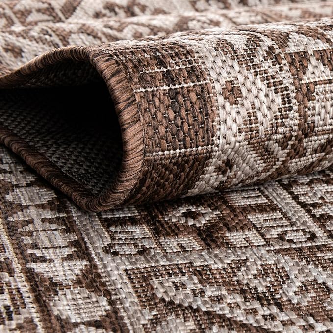 Rugs.com Outdoor Aztec Collection Rug – 7' x 10' Brown Flatweave Rug Perfect for Living Rooms, Large Dining Rooms, Open Floorplans