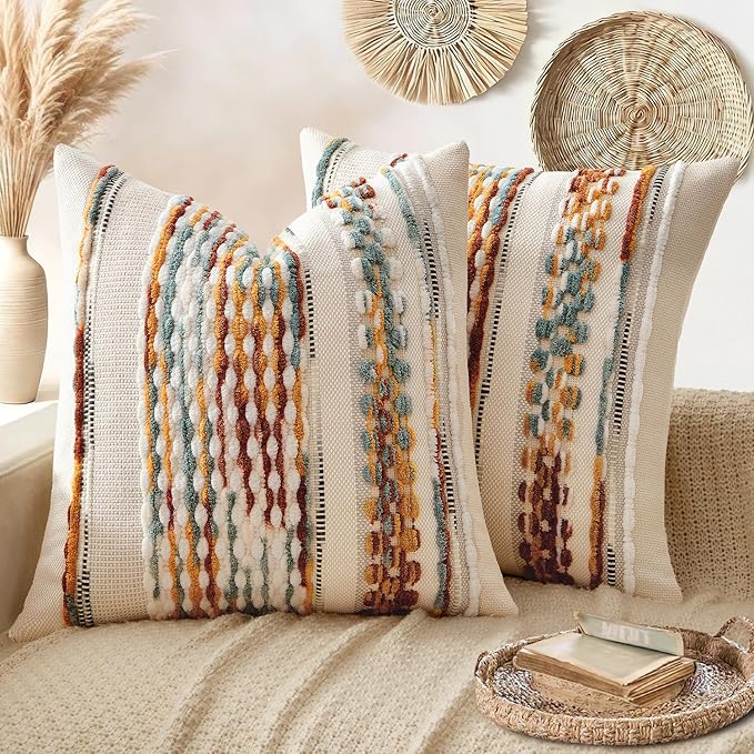ANRODUO Pack of 2 Boho Decorative Throw Pillow Covers 18x18 Farmhouse Cushion Case Striped Chenille Pillow Cases Square Pillow Covers Accent Neutral Pillowcase for Sofa Couch Bed,Brown Stripe