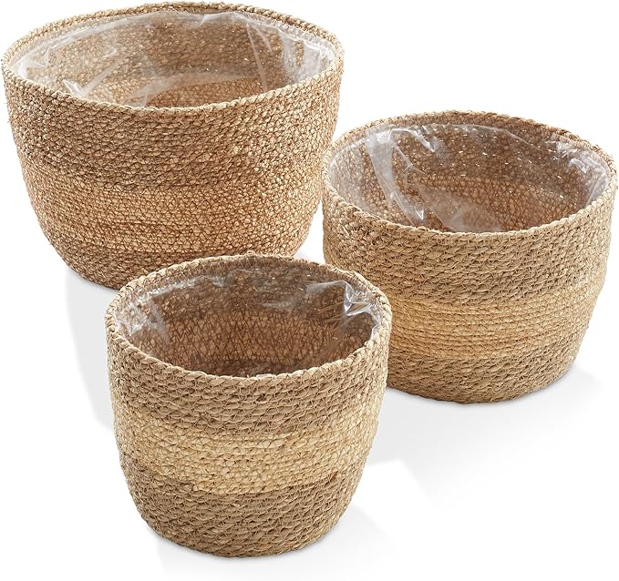 Casafield Set of 3 Seagrass Planter Baskets with Liners - Two-Tone, Hand Woven Indoor Flower Pot Covers for Plants, Succulents, Home Decor