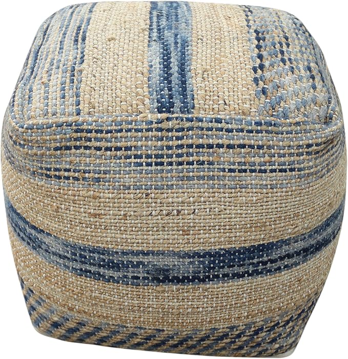 Christopher Knight Home Lola Boho Hemp and Wool Pouf, Natural and Blue