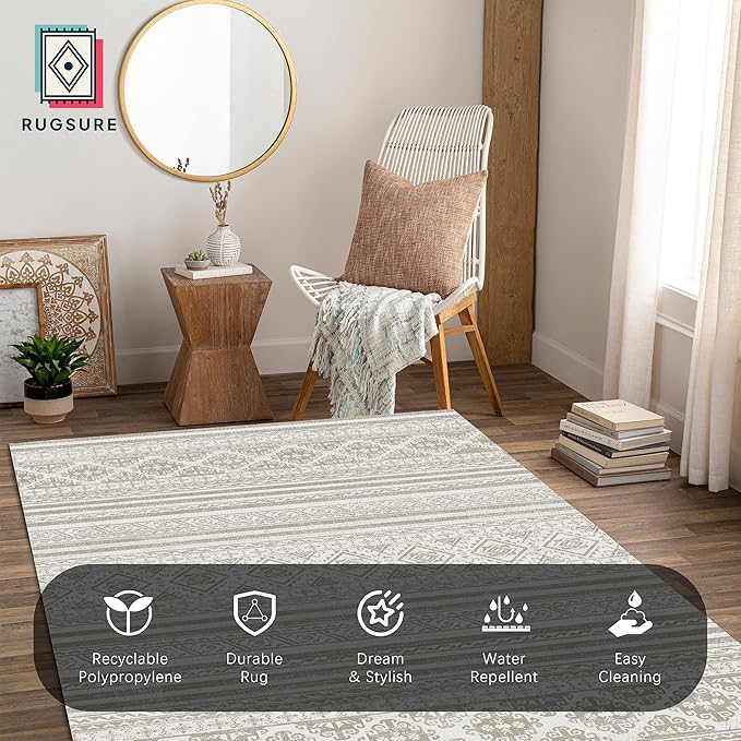 RUGSURE Washable Area Rugs 5' x 7' - 1/6 Thick - Moroccan-Inspired -Stain & Water Resistant Non-Slip - Resistant Rug for Living Room, Bedroom, Nursery, Pet & Child Friendly (Grey)