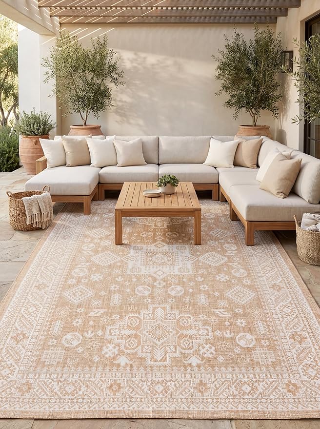 Rugs.com Outdoor Aztec Collection Rug – 6' x 9' Natural Flatweave Rug Perfect for Living Rooms, Large Dining Rooms, Open Floorplans