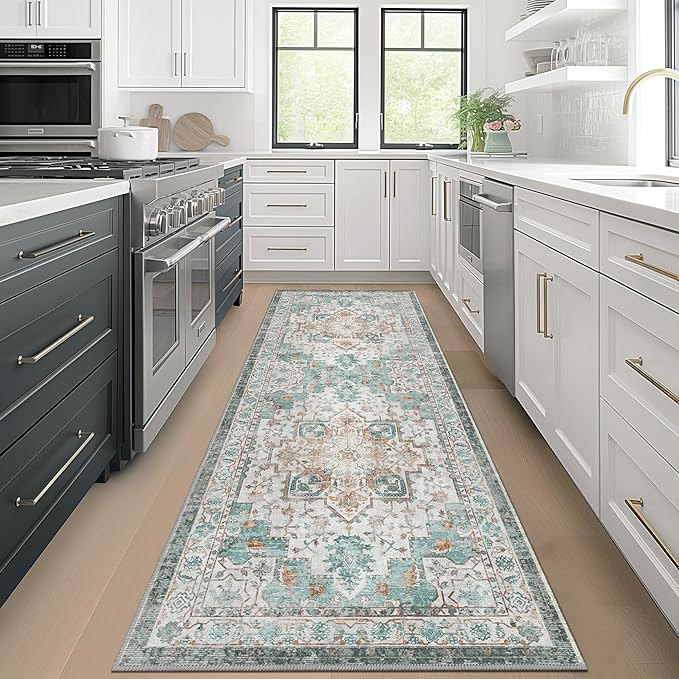 GENIMO 2x4 Runner Rugs for Hallway, Machine Washable Non Slip Vintage Rugs, Low Pile Lightweight Soft Print Rug for enrtyway, Corridor, Home Office, Kitchen, Cyan