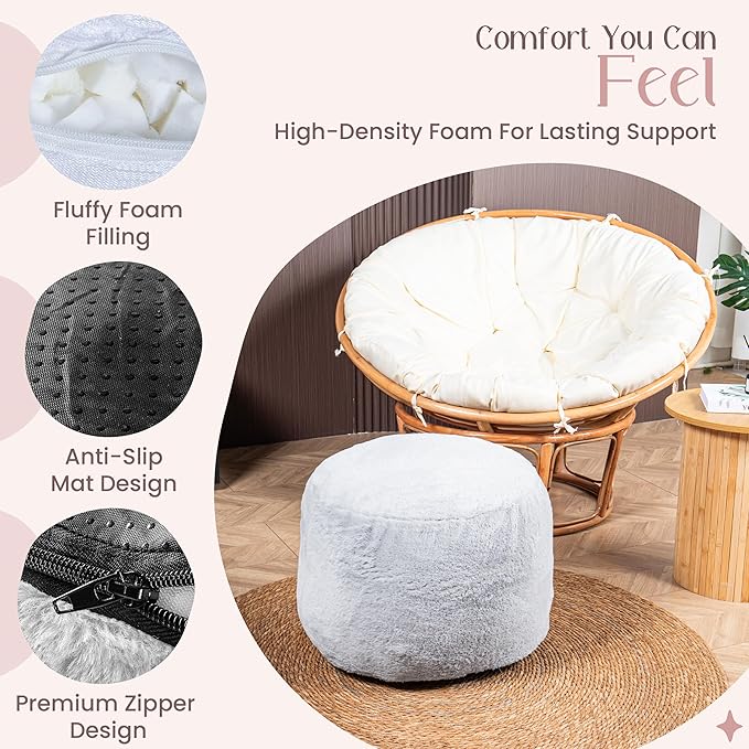 Cozy Plush Grey Pouf | Living Room Ottoman Footrest at 20 x 15 Inches | Soft, Non-Shedding Round Stool Sofa Ottoman with Supportive Foam Filling | Foot Rest for Couch