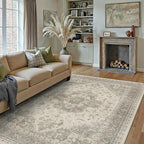 8x10 Washable Area Rug Beige Grey Vintage Distressed Large Rug for Living Room Oriental Soft Thin Indoor Retro Gray Carpet Non Slip Low Pile Floor Cover Bedroom Dining Room Office Nursery
