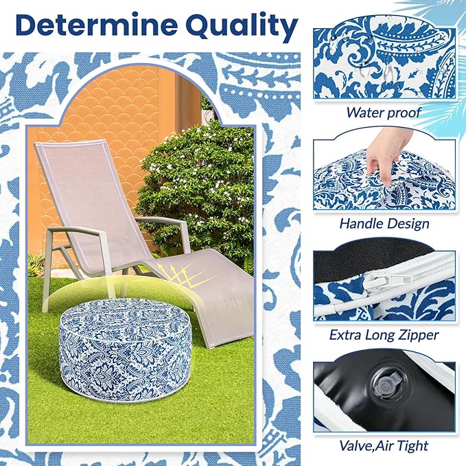 Outdoor Inflatable Ottoman Waterproof Pouf Ottoman with Handle D21 x H9, Water Repellent Portable Footstool for Patio Garden Camping or Home (Retro)