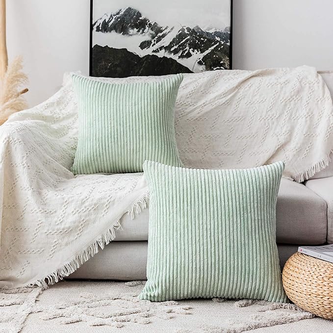Home Brilliant Spring Pillow Covers Green 20x20 Super Soft Striped Velvet Throw Pillows for Couch Living Room Decor, Set of 2, 20 x 20 Inch, Mint