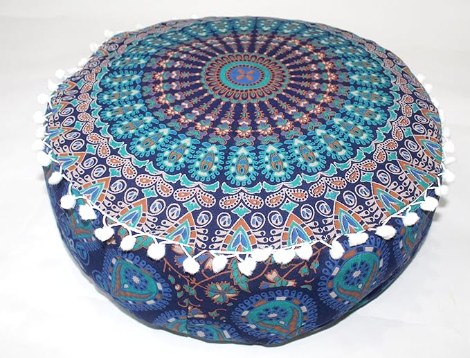 INDIAN CRAFT CASTLE ICC Mandala Barmeri Large Floor Pillow Cover Cushion Meditation Seating Ottoman Throw Cover Hippie Decorative Zipped Bohemian Pouf Ottoman Cases Blue Peacock 18" Round